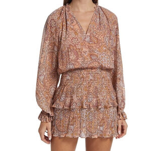 NWT RAMY BROOK Barron Paisely Long Sleeve Tiered Ruffle Mini Dress Size Small